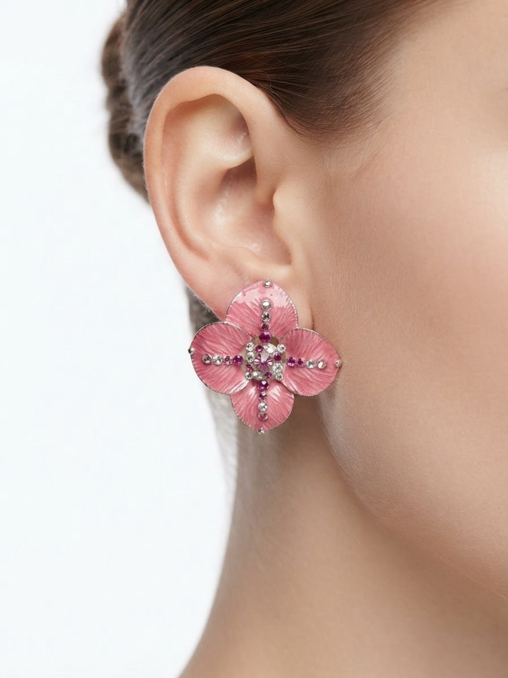 Women's Pink Floral Crystal Stud Earrings
